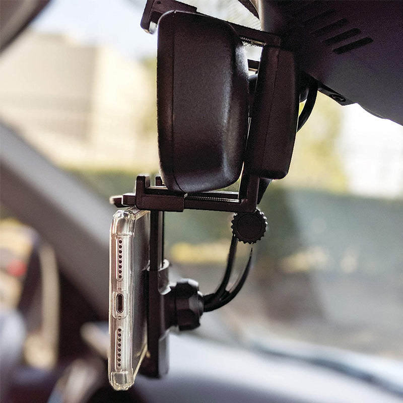 "Justerbart bilbackspegelfäste för smartphones i svart ABS-material med flexibel arm och 360° rotation för säker bilkörning."