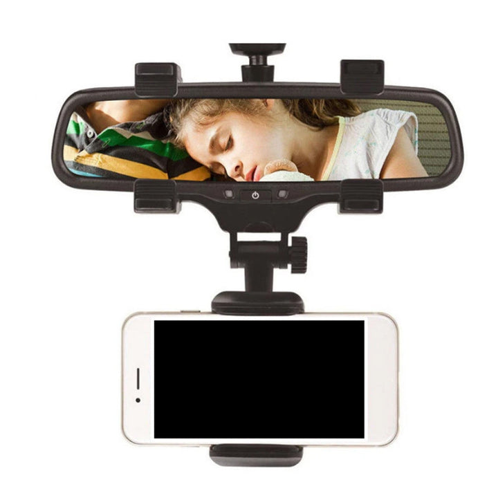 "Justerbart bilbackspegelfäste för smartphones i svart ABS-material med flexibel arm och 360° rotation för säker bilkörning."