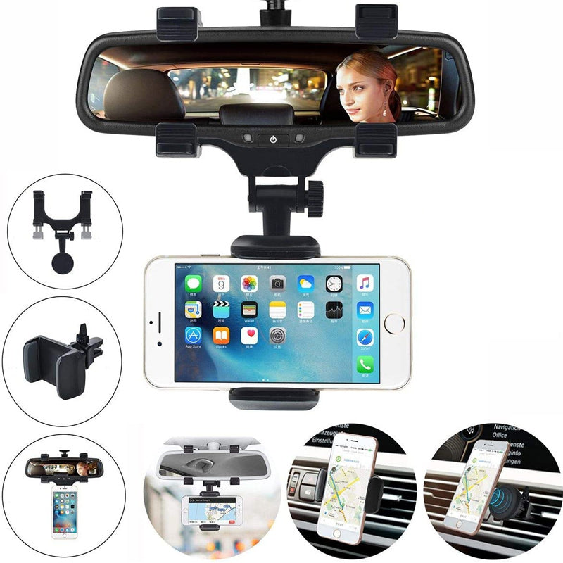 "Justerbart bilbackspegelfäste för smartphones i svart ABS-material med flexibel arm och 360° rotation för säker bilkörning."