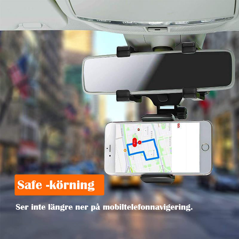 "Justerbart bilbackspegelfäste för smartphones i svart ABS-material med flexibel arm och 360° rotation för säker bilkörning."