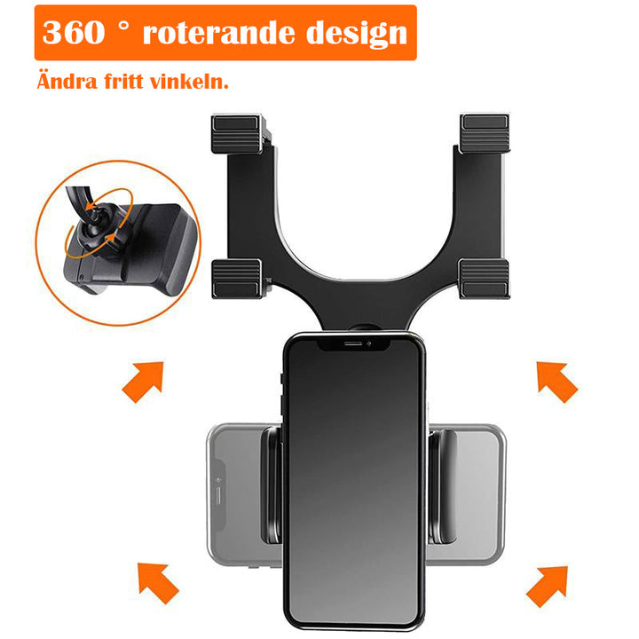 "Justerbart bilbackspegelfäste för smartphones i svart ABS-material med flexibel arm och 360° rotation för säker bilkörning."
