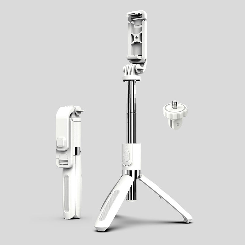 Justerbart Bluetooth selfie-stick och stativ, silver, kompakt design, inbyggd fjärrkontroll, för fotografering och resor.