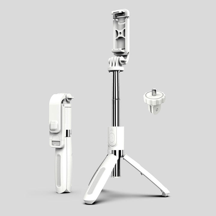 Justerbart Bluetooth selfie-stick och stativ, silver, kompakt design, inbyggd fjärrkontroll, för fotografering och resor.