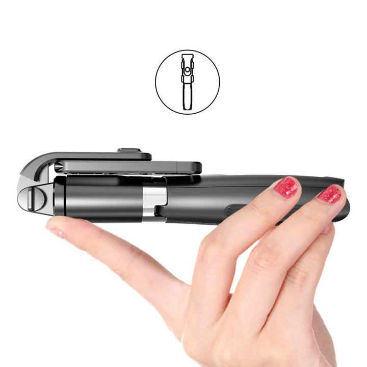 Justerbart Bluetooth selfie-stick och stativ, silver, kompakt design, inbyggd fjärrkontroll, för fotografering och resor.