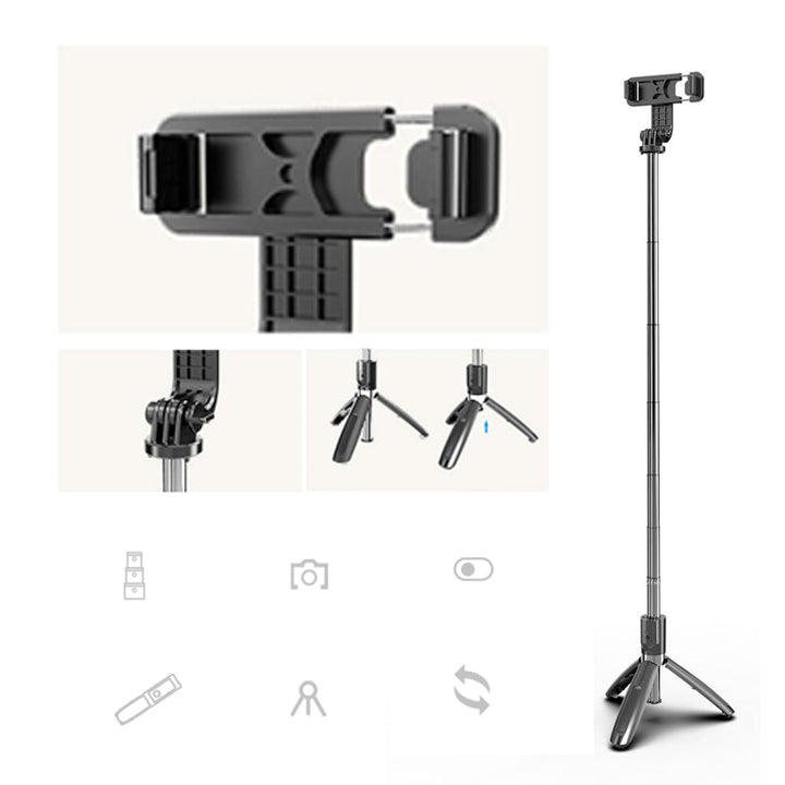 Justerbart Bluetooth selfie-stick och stativ, silver, kompakt design, inbyggd fjärrkontroll, för fotografering och resor.