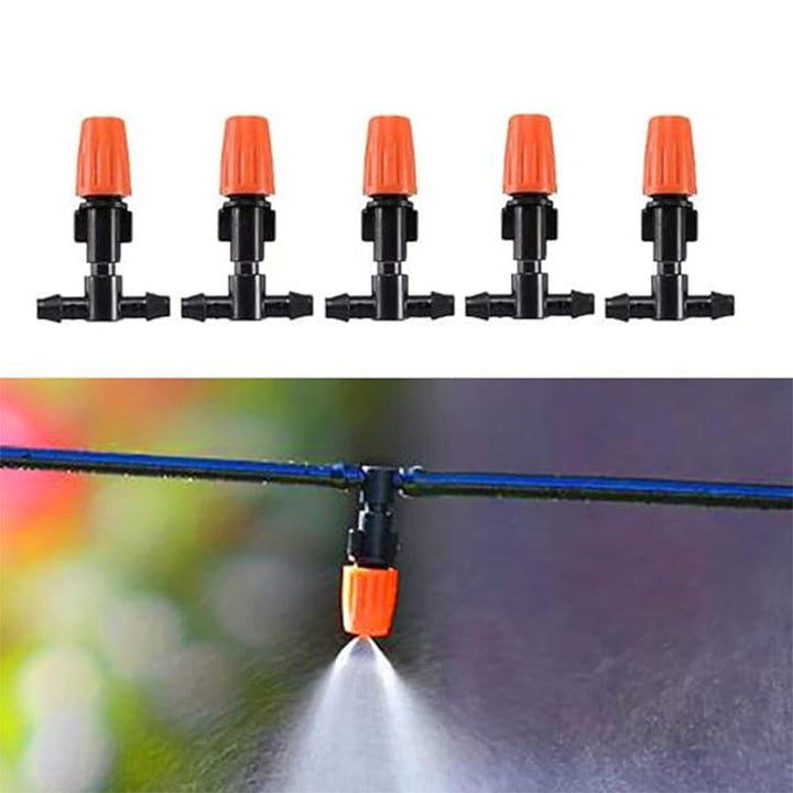 "Justerbart enportsmunstycke i svart och orange plast för effektiv trädgårdsbevattning, vattensparande design."