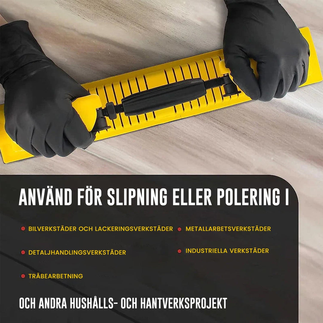 Justerbart handslipverktyg med roterande handtag för trä- och metallbearbetning, ergonomisk design, lätt och bekvämt grepp.