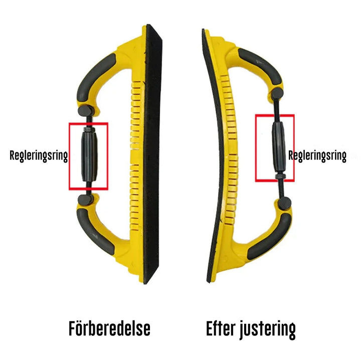 Justerbart handslipverktyg med roterande handtag för trä- och metallbearbetning, ergonomisk design, lätt och bekvämt grepp.