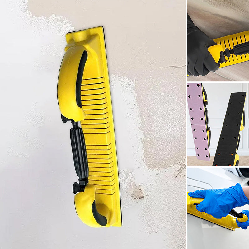 Justerbart handslipverktyg med roterande handtag för trä- och metallbearbetning, ergonomisk design, lätt och bekvämt grepp.