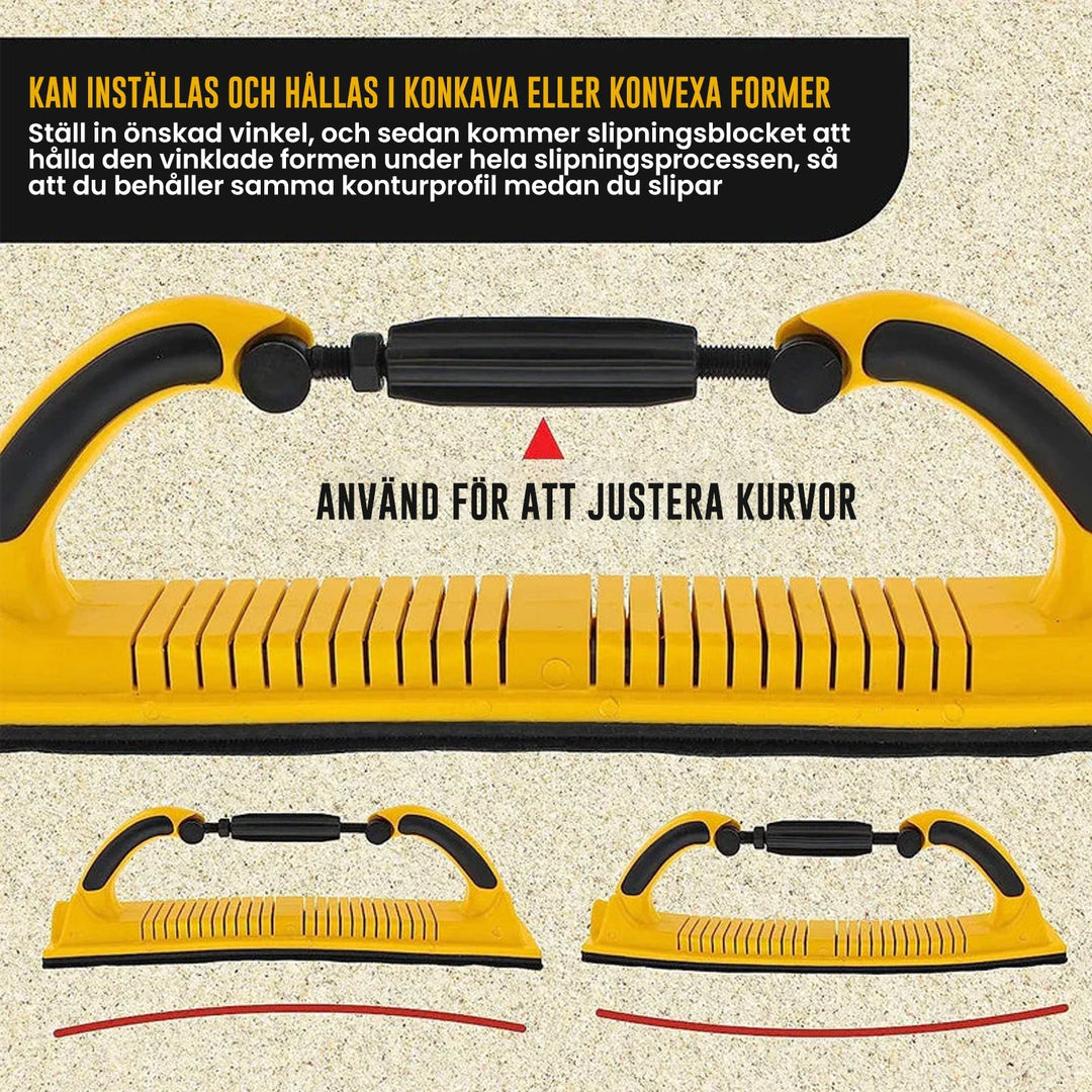 Justerbart handslipverktyg med roterande handtag för trä- och metallbearbetning, ergonomisk design, lätt och bekvämt grepp.