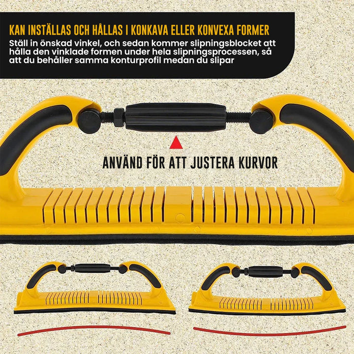 Justerbart handslipverktyg med roterande handtag för trä- och metallbearbetning, ergonomisk design, lätt och bekvämt grepp.
