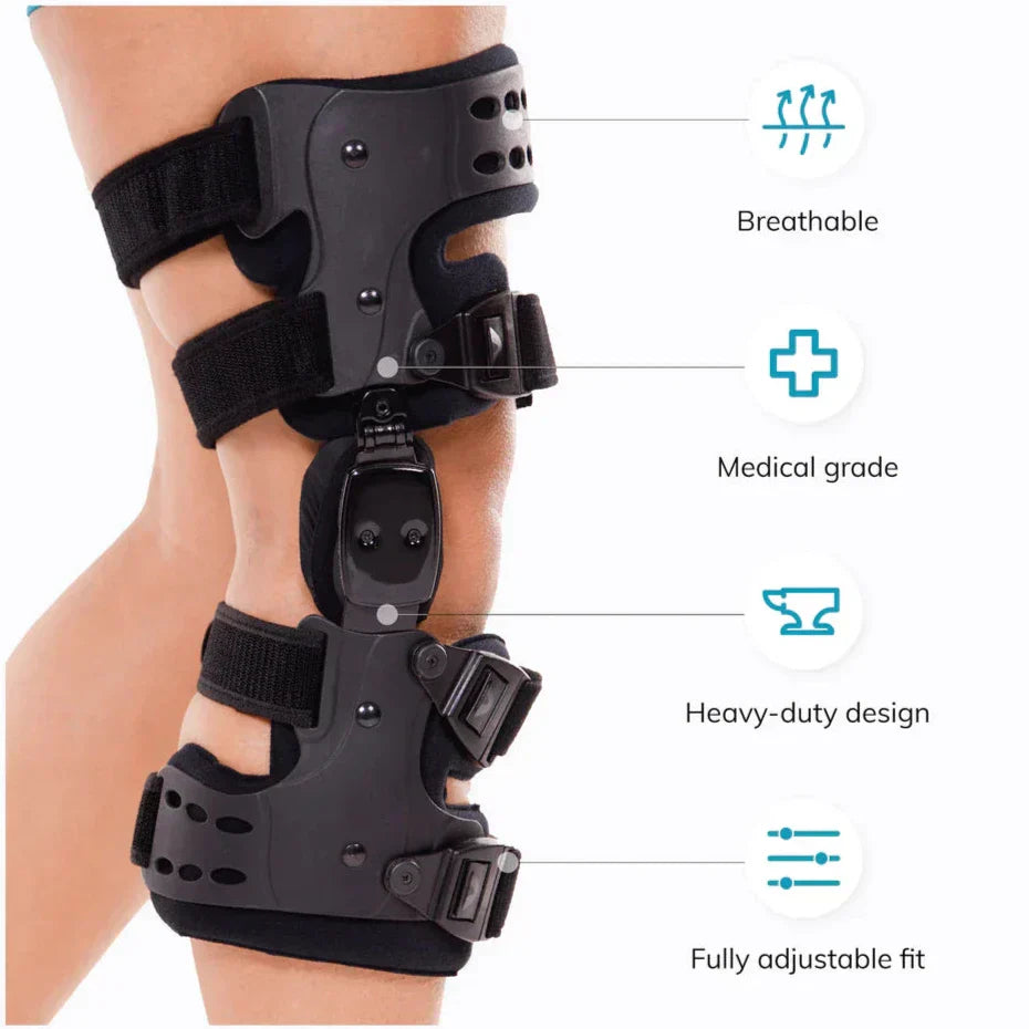 Anpassningsbart knäbandage med justerbara remmar för perfekt passform. Ger smärtlindring & stöd vid knäproblem.