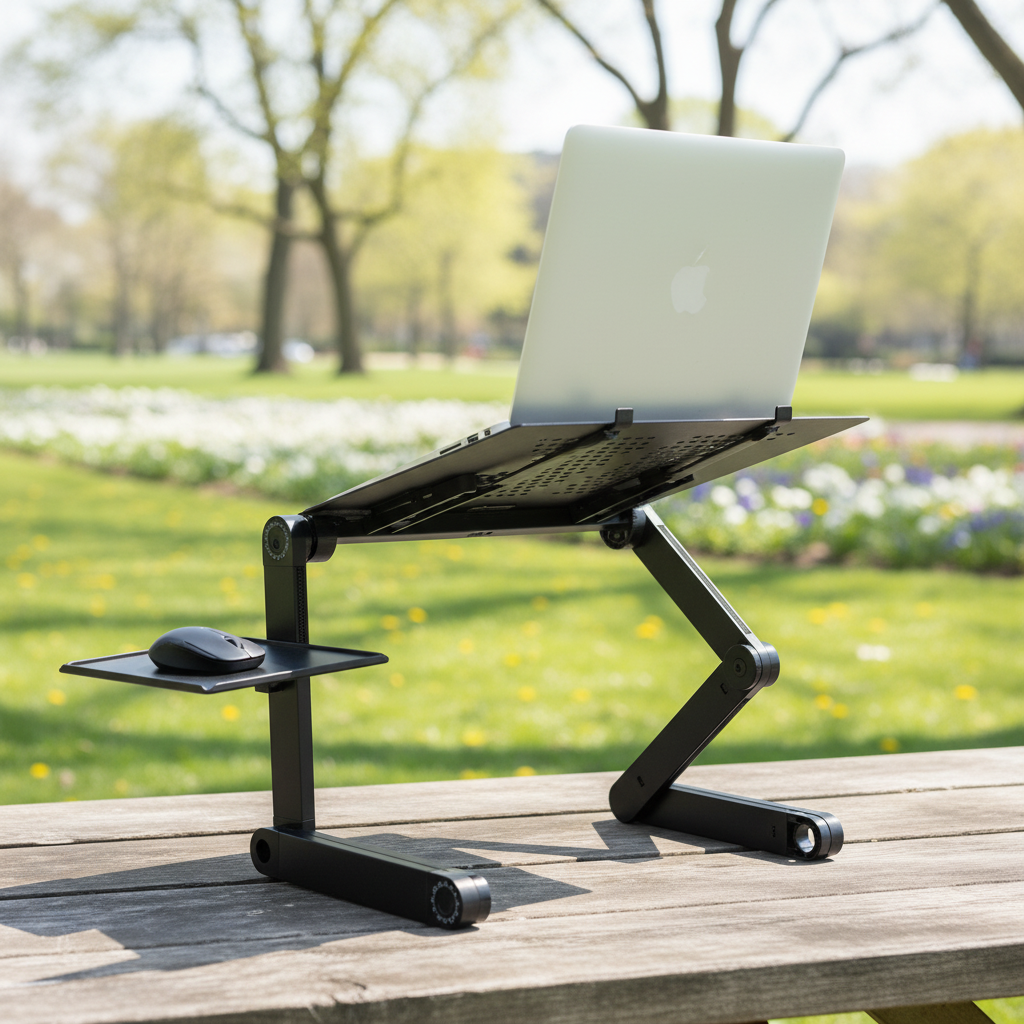 Justerbart laptopstativ i aluminium för ergonomisk arbetsställning, perfekt för hemmakontor och kontor.