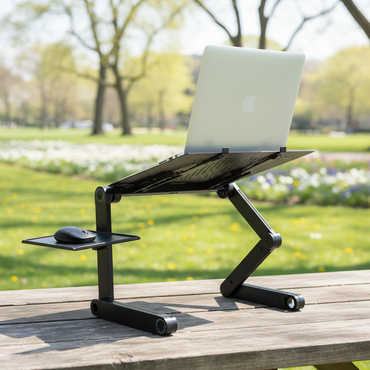 Justerbart laptopstativ i aluminium för ergonomisk arbetsställning, perfekt för hemmakontor och kontor.