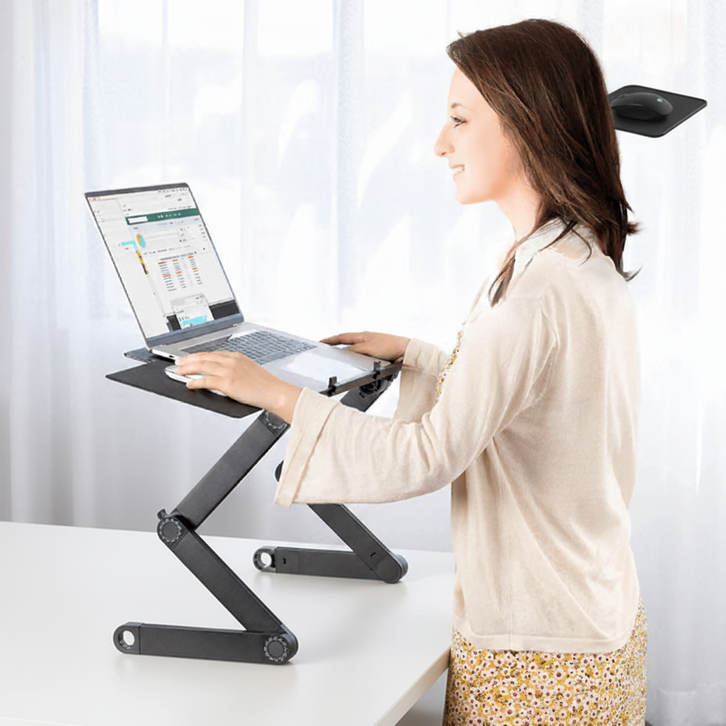 Portabelt FlexStand laptopstativ med justerbar höjd för bättre komfort och en hälsosam arbetsmiljö.