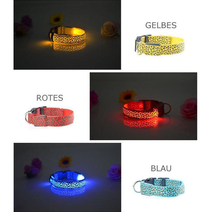 "Justerbart LED hundhalsband för nattbruk, nylon, synligt i mörker med blått, rött eller gult ljus, unisex design."