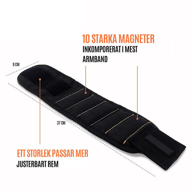 "Justerbart magnetiskt armband med 10 starka magneter, perfekt för att hålla verktyg och smådelar vid DIY-arbete."