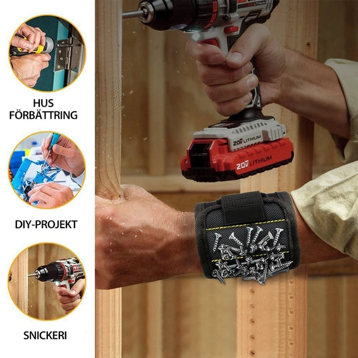 "Justerbart magnetiskt armband med 10 starka magneter, perfekt för att hålla verktyg och smådelar vid DIY-arbete."