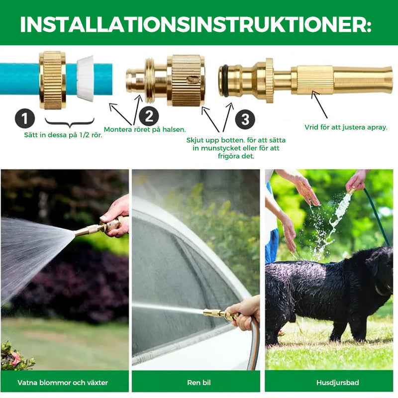 Justerbart mässingsmunstycke för trädgård, justera spray från fin till stråle. Robust material och läckagefri design.