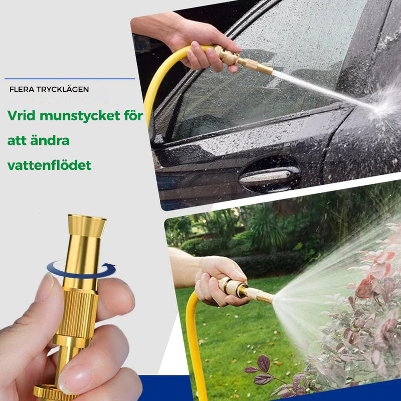 Justerbart mässingsmunstycke för trädgård, justera spray från fin till stråle. Robust material och läckagefri design.