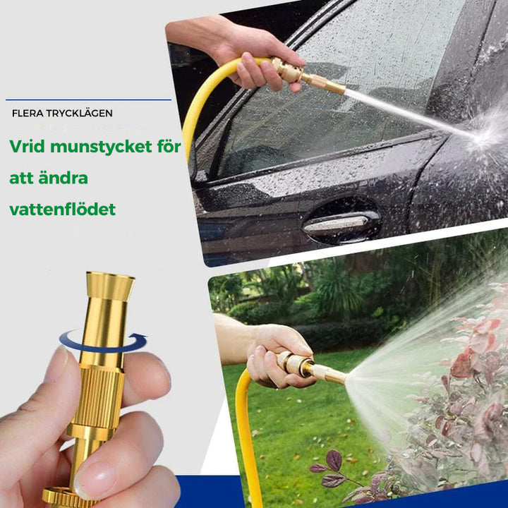 Justerbart mässingsmunstycke för trädgård, justera spray från fin till stråle. Robust material och läckagefri design.