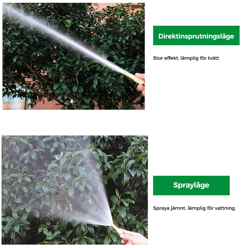 Justerbart mässingsmunstycke för trädgård, justera spray från fin till stråle. Robust material och läckagefri design.