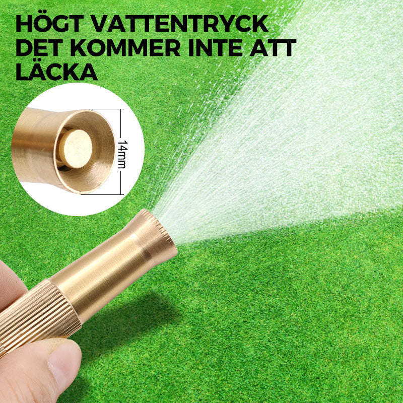Justerbart mässingsmunstycke för trädgård, justera spray från fin till stråle. Robust material och läckagefri design.