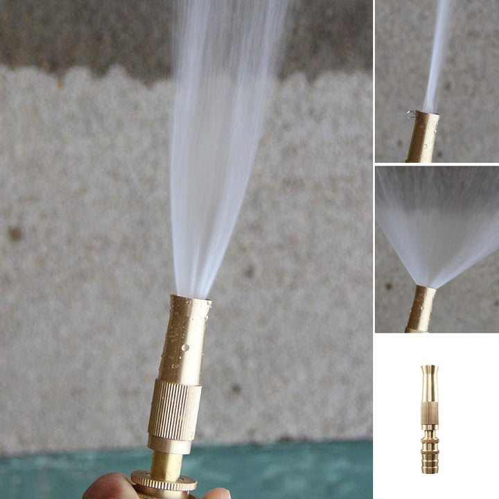 Justerbart mässingsmunstycke för trädgård, justera spray från fin till stråle. Robust material och läckagefri design.