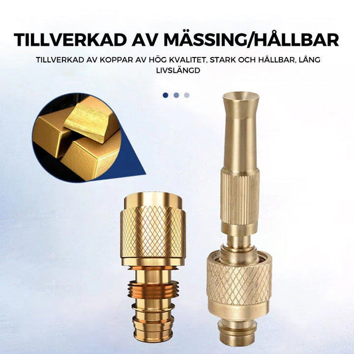 Justerbart mässingsmunstycke för trädgård, justera spray från fin till stråle. Robust material och läckagefri design.