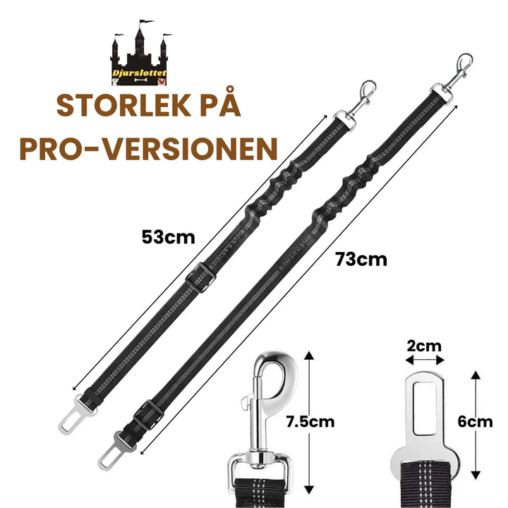Robust justerbart säkerhetsbälte för husdjur, ansluts säkert till sele i bilen.