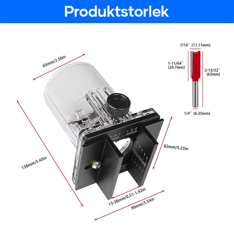 Justerbart trärouterverktyg, silver och svart, för precision och flexibilitet vid träbearbetning, justerbar djupanpassning.