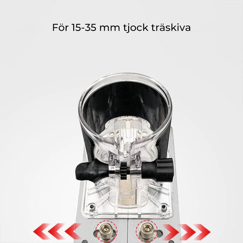 Justerbart trärouterverktyg, silver och svart, för precision och flexibilitet vid träbearbetning, justerbar djupanpassning.