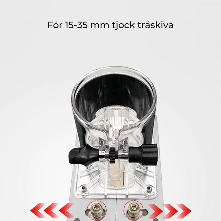 Justerbart trärouterverktyg, silver och svart, för precision och flexibilitet vid träbearbetning, justerbar djupanpassning.