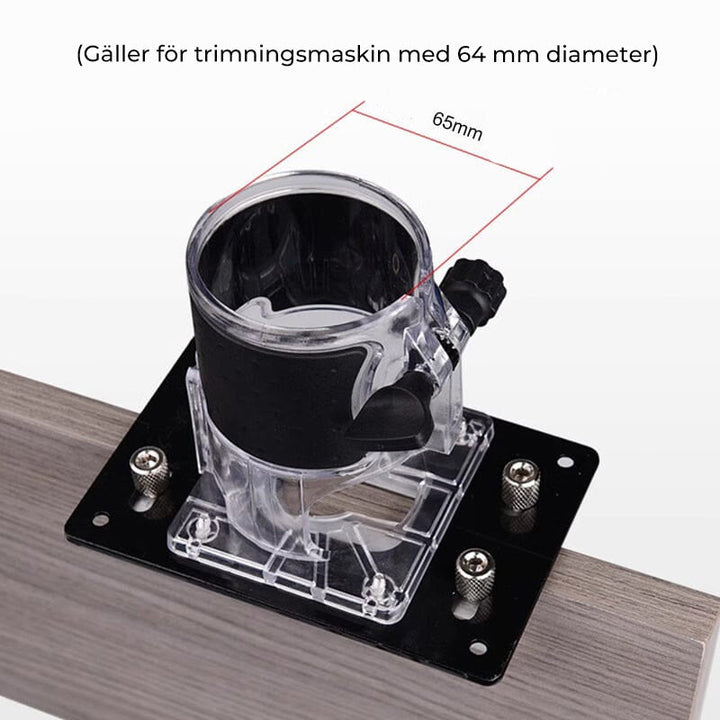 Justerbart trärouterverktyg, silver och svart, för precision och flexibilitet vid träbearbetning, justerbar djupanpassning.
