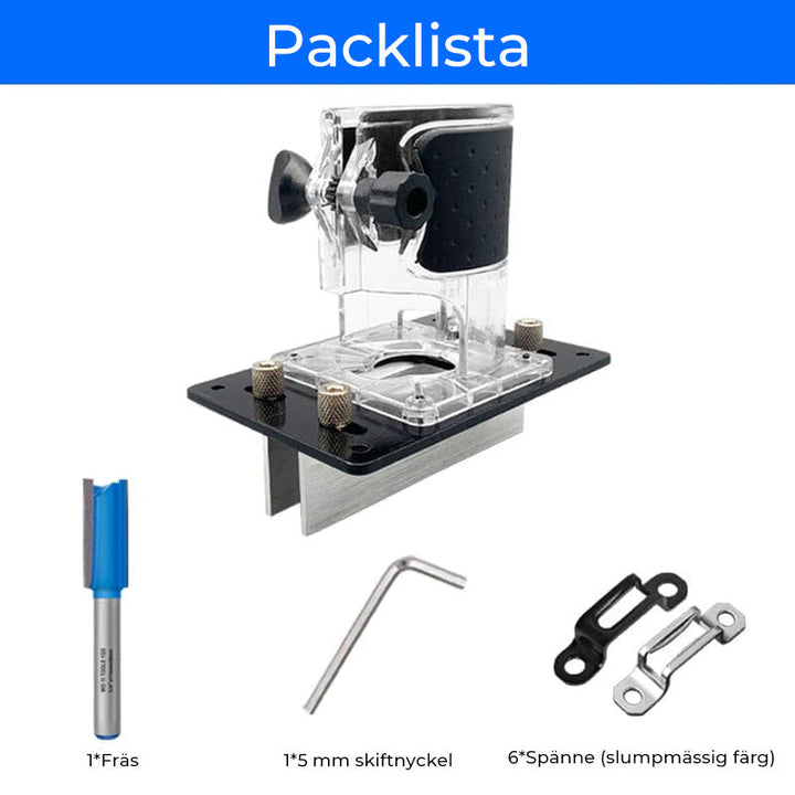 Justerbart trärouterverktyg, silver och svart, för precision och flexibilitet vid träbearbetning, justerbar djupanpassning.