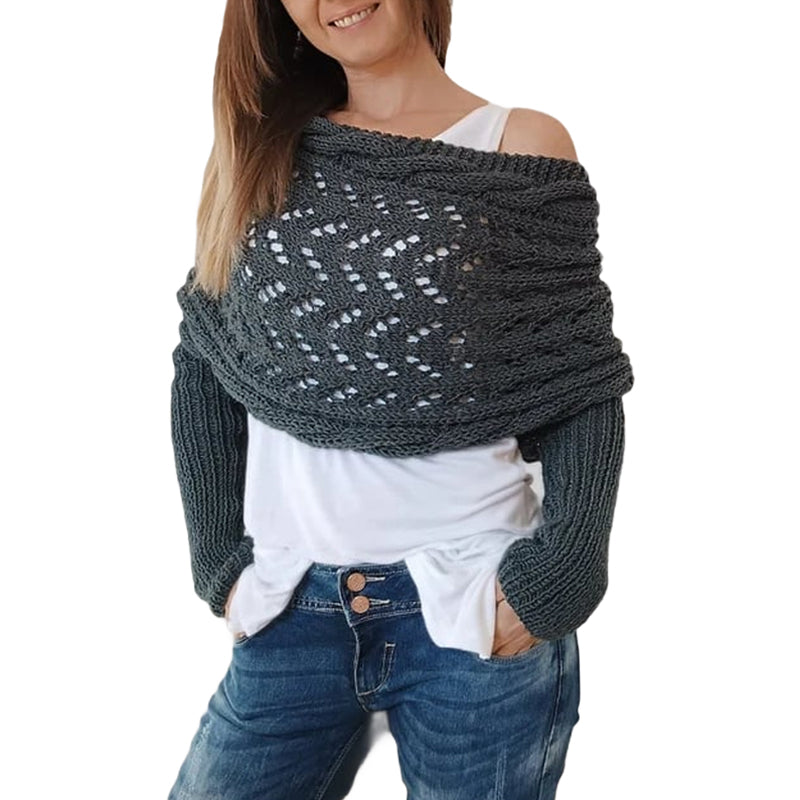 "Kabelstickad omlott i mjuk kashmirimitation för kvinnor, ljusgrå, boho stil, året runt komfort och elegans."