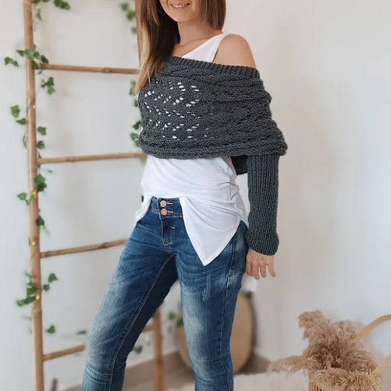 "Kabelstickad omlott i mjuk kashmirimitation för kvinnor, ljusgrå, boho stil, året runt komfort och elegans."