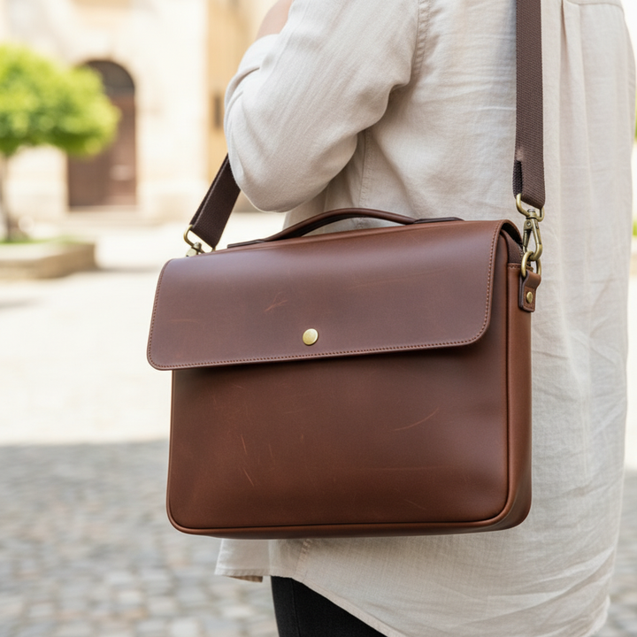 Kaffebrun unisex laptopväska i äkta läder. Elegant stilren axelremsväska för MacBook och arbete.
