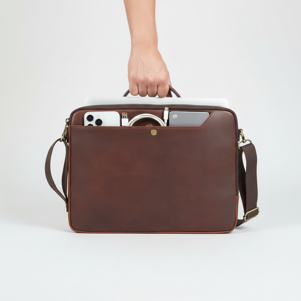 Stilren kaffebrun läder laptopväska, perfekt som kontors- eller pendlarväska. Praktisk unisex affärsväska.