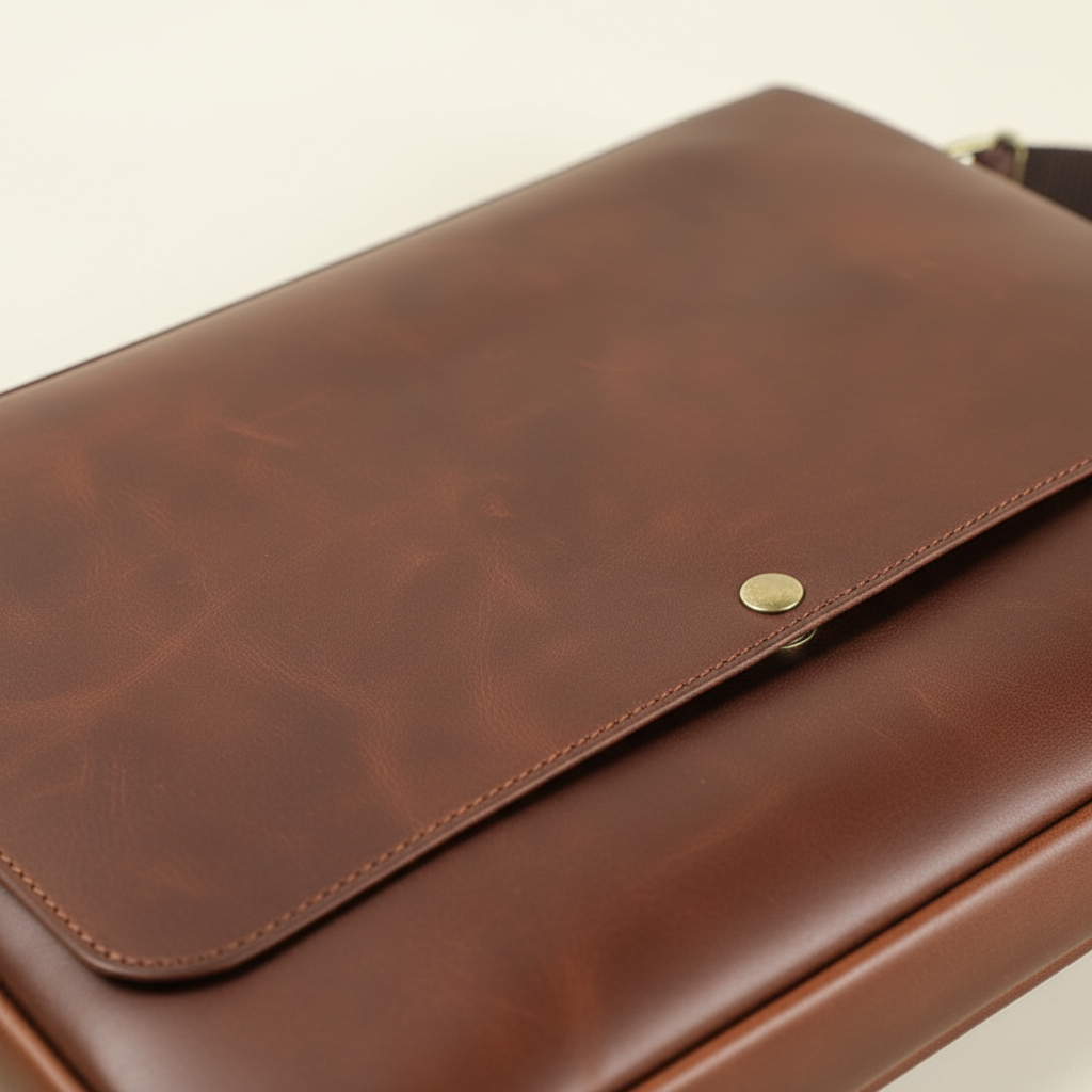 Elegant kaffebrun läder laptopväska för unisex. Perfekt som arbetsväska eller MacBookväska med justerbar rem.