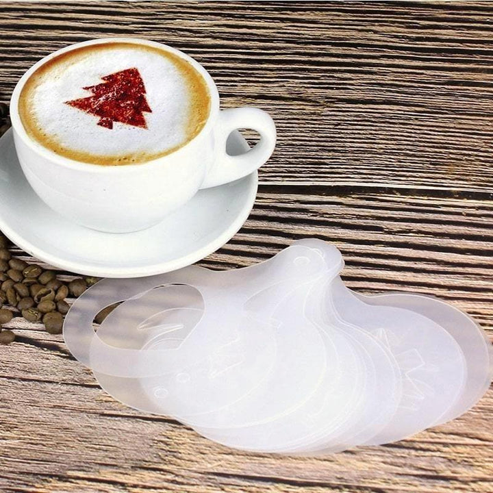 "Kaffeutskriftsmallar i livsmedelsklassad plast, med 16 kreativa mönster för unika kaffe- och dessertdekorationer."