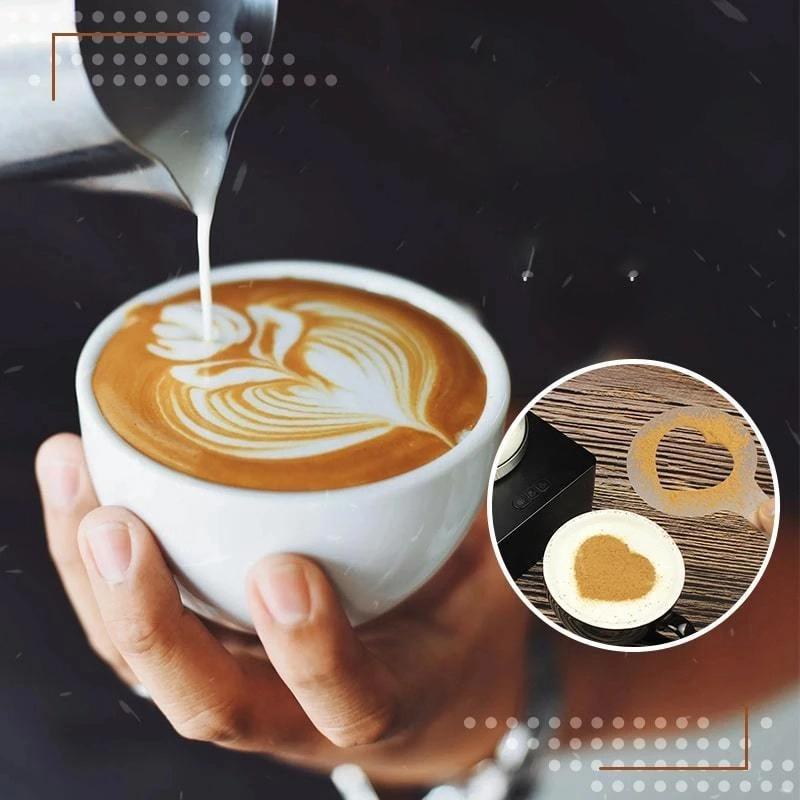 "Kaffeutskriftsmallar i livsmedelsklassad plast, med 16 kreativa mönster för unika kaffe- och dessertdekorationer."