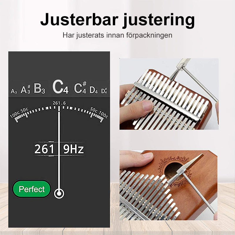 "Kalimba i mahogny med 17 metalltangenter, visad i närbild, ger melodiskt och varmt ljud, perfekt för portabelt spel."