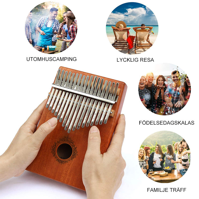 "Kalimba i mahogny med 17 metalltangenter, visad i närbild, ger melodiskt och varmt ljud, perfekt för portabelt spel."