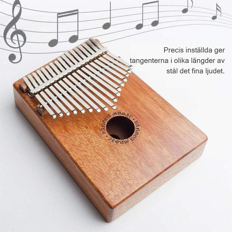 "Kalimba Tumb Piano i mahognyträ med 17 tangenter, bärbart musikinstrument, handhållet, elegant design och varmt ljud."