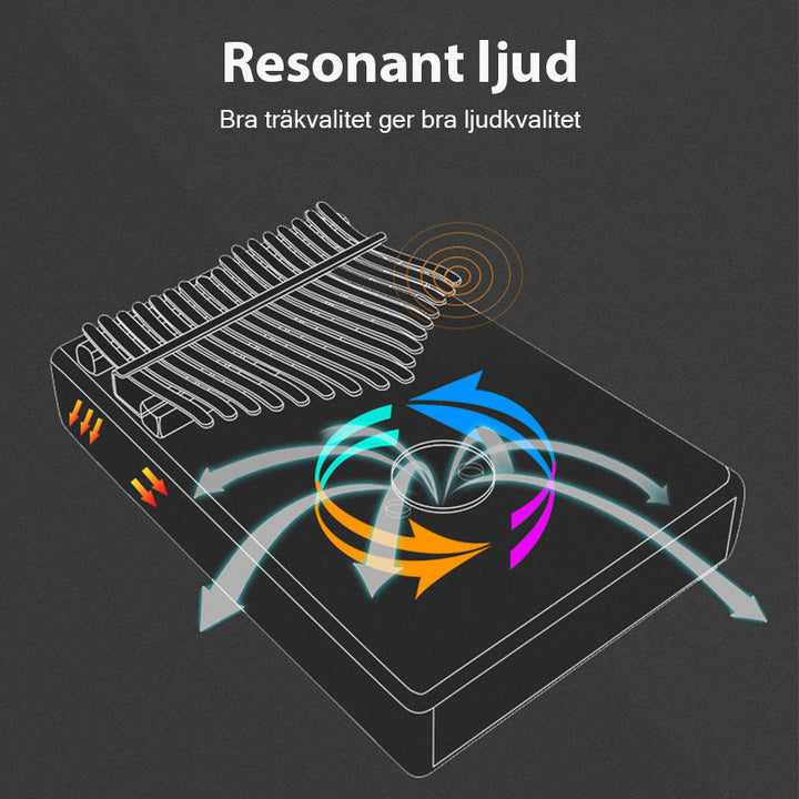 "Kalimba Tumb Piano i mahognyträ med 17 tangenter, bärbart musikinstrument, handhållet, elegant design och varmt ljud."