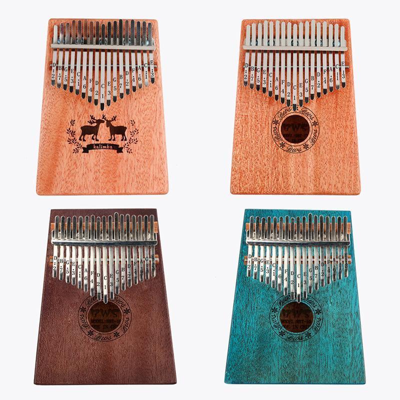 "Kalimba Tumb Piano i mahognyträ med 17 tangenter, bärbart musikinstrument, handhållet, elegant design och varmt ljud."