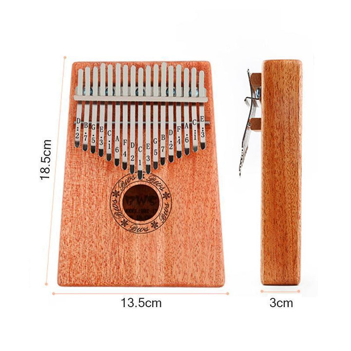 "Kalimba Tumb Piano i mahognyträ med 17 tangenter, bärbart musikinstrument, handhållet, elegant design och varmt ljud."