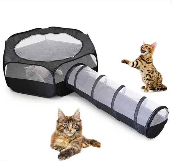 Kattens Lektunnel & Klöshus i grått. Perfekt kattbädd och kattleksak för lek och avkoppling för innekatter.