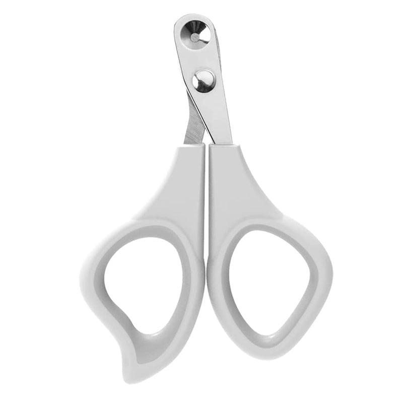 "Kattens säkra nagelklippare med rund håldesign, off-white och lila rosa, för bekvämt och tryggt klippande av klor."
